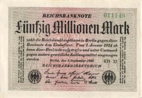 Német Birodalom / Weimari Köztársaság 1923. 50.000.000M (2x) fehér papíron, kis ugrású sorszámokkal ...