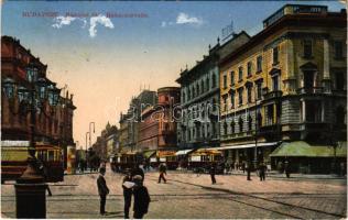 1916 Budapest VIII. Rákóczi út, villamosok, Hotel Orient szálloda, Emke kávéház (EK)