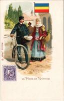 La Poste en Roumaine. Photocol Wien / Romanian post, flag and stamp, folklore. Art Nouveau litho