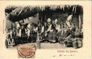 1903 Salutari din Romania / Romanian folklore, spinning women (EK)