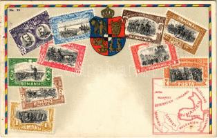 1922 Romania / Román bélyegek és címer, térkép / Romanian stamps and coat of arms, map. Carte philatélique Ottmar Zieher No. 79. Art Nouveau, litho (kis szakadások / small tear)