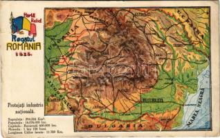 Romania. Regatul Romania 1925. Harta Relief, Protejati industria natioanal / Román Királyság dombornyomott térképe 1925-ből / Kingdom of Romania, embossed map (szakadás / tear)