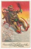 Üdvözlet a Krampusztól! szánkón / Krampus greeting, sledding. Cellaro litho (fl)