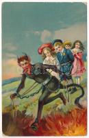 Krampusz megkötözött gyerekekkel / Krampus with tied up children. EAS litho (EB)