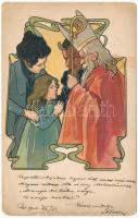 1900 Krampusz és Mikulás. Szecessziós / Krampus and Saint Nicholas. Frank Josseck & Co. 313. Art Nouveau, litho (EM)