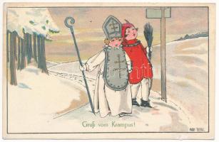 1923 Krampusz és Mikulás gyerekek / Krampus and Saint Nicholas as children. Nr. 22-214. litho s: Anny Tekauz (kis szakadás / small tear)