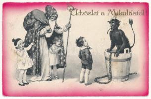 1932 Üdvözlet a Mikulástól! Krampusz és gyerekek / Saint Nicholas, Krampus and children. B & R 8995. (EK)