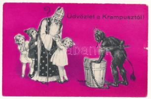 1933 Üdvözlet a Krampusztól! Mikulás és gyerekek / Saint Nicholas, Krampus and children. B & R 8995. (kis szakadás / small tear)