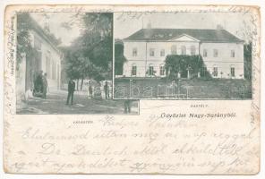 1901 Nagysurány, Velké Surany; Vásár tér, Berthold kastély, üzlet. Rosner Vilmos kiadása / square, castle, shop (fa)