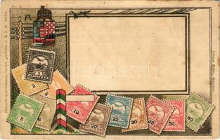 A Magyar kir. Posta bélyegei és magyar címer. Dombornyomott / Set of Hungarian stamps, coat of arms. Ottmar Zieher Philatelie-Ansichtskarte No. 16. Art Nouveau, embossed, litho (fl)