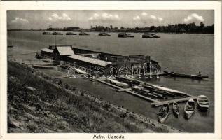 1941 Paks, Dunai uszoda, evezős csónakok, hajómalom. Kiss Pál utóda kiadása / floating ship mill (boat mill)