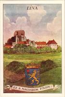 Léva, Levice; Ez a magyarok földje! vár, irredenta művészlap címerrel. Fébé-nyomda / castle, Hungarian irredenta art postcard with coat of arms s: Biczó András