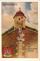 Komárom, Komárnó; Ez a magyarok földje! vár, irredenta művészlap címerrel. Fébé-nyomda / castle, Hungarian irredenta art postcard with coat of arms s: Biczó András