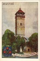 Rozsnyó, Roznava; Ez a magyarok földje! irredenta művészlap címerrel. Fébé-nyomda / castle, Hungarian irredenta art postcard with coat of arms s: Biczó András