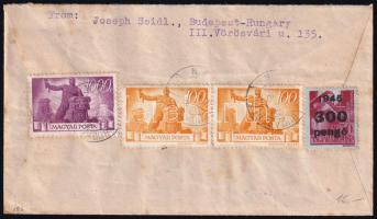 1946 (5. díjszabás) Ajánlott levél Dániába 4 bélyeggel, de mivel nem volt postaforgalom Dániával, ezért a levél Budapesten maradt / Registered cover to Denmark, but there was no postal traffic with Denmark