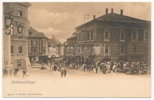 1909 Selmecbánya, Banská Stiavnica; Deák Ferenc utca, Takáts Miklós üzlete, piaci árusok. Joerges A. kiadása / street, market vendors, shop (EK)