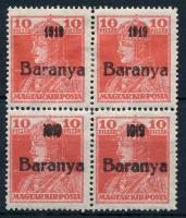 Baranya I. 1919 Károly 10f négyestömb, 2 érték antikva számokkal + eltömődött értékszámok / Mi 35 block of 4 with antiqua numbers. Signed: Bodor