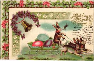 1902 Boldog húsvéti ünnepeket! Nyuszi szán. Dombornyomott litho / Easter greeting, rabbit sled. Embossed, floral, litho (EK)