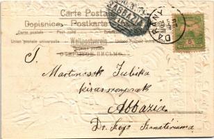 1902 Boldog húsvéti ünnepeket! Nyuszi szán. Dombornyomott litho / Easter greeting, rabbit sled. Embo...