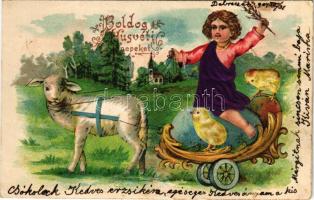 1904 Boldog húsvéti ünnepeket! Bárány szekér, dombornyomott selyemlap / Easter. Embossed litho silkcard