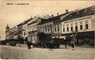 1908 Arad, Andrássy tér, Radó Gyula, Stern M., Andrényi Károly és fiai, Rosmanith A. és fia üzlete, Leánykiházasítási Egylet, bútorgyár, Kőbányai sörgyár vagonja az úton / square, shops, furniture warehouse, brewery's wagon (fl)