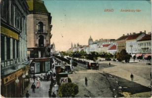 Arad, Andrássy tér, lóvasút, Deutsch Testvérek, Neumann M. üzlete. Deák Béla kiadása / square, horse-drawn tram, shops (EB)