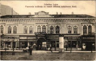 Arad, Scheiber Lajos-féle Pannonia szálloda és vasúti étterem, sörcsarnok, Nagy Károly, Zimmer Miklós, Weisz és Rosenberg üzlete / hotel and railway restaurant, beer hall, shops (fl)