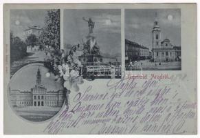 1898 (Vorläufer) Arad, Baross park, Vértanúk szobra, Városháza, Római katolikus templom. Révész Nándor kiadása / park, monument, town hall, Catholic church. Floral (r)