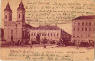 1900 Arad, Román templom, Thököly téri részlet, piac, Ifj. Löwy Ármin, Hoffmann József, Raschka Ádám, Joszif Miklós üzlete. Kerpel Izsó kiadása / Romanian church, square, market, shops (fa)