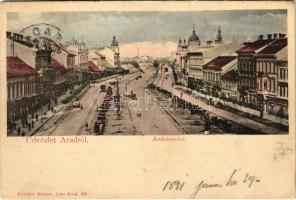 1901 Arad, Andrássy tér, lóvasút, üzletek. Kerpel Izsó kiadása / square, horse-drawn tram, shops (EK)