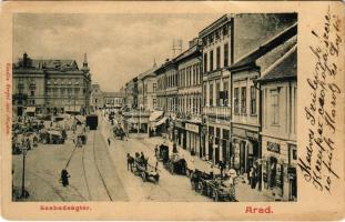 Arad, Andrássy tér, piac, Rosenberg József, Limbeck János üzlete, lóvasút. Kerpel Izsó kiadása / square, market, horse-drawn tram, shops (EK)