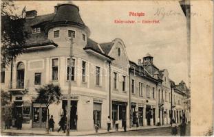 1911 Pöstyén, Piestany; Eisler udvar, Hirschfeld B., Reiszmann Adolf, Stern Zsigmond üzlete, nagy tejcsarnok, fodrász. Kaiser Ede kiadása / Eisler Hof / shops, milk hall, hairdresser (ázott / wet damage)