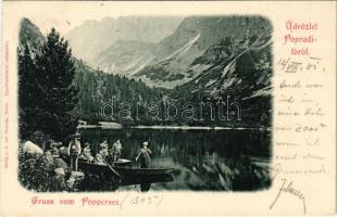 1901 Tátra, Magas-Tátra, Vysoké Tatry; Poprádi tó, csónak kirándulás. A. von Palocsay / Poppersee / Popradske pleso, boat trip