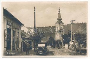 1934 Pelsőc, Plesivec; Fő utca, templom, autó, Bodega T. Slamovits, Molnár bazár trafik üzlete / main street, church, automobile, shops