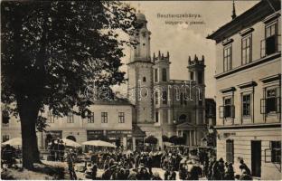 1910 Besztercebánya, Banská Bystrica; Mátyás tér és piac, húscsarnok, Löwy Ferenc, Flóra, Kohn József üzlete . Havelka József kiadása / market, butcher, shops (EK)