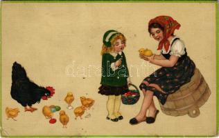 Children art postcard with chicken and eggs. G.O.M. 2398. (EK)