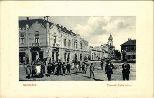 1910 Munkács, Mukacheve, Mukachevo, Mukacevo; Kossuth Lajos utca, Goldstein Sándor, Berger Herman, Stark üzlete, Református templom. W.L. Bp. 6252. / street view, shops, Calvinist church