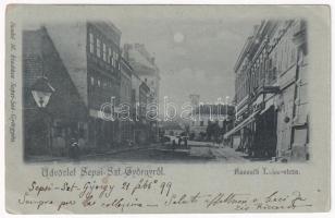 1899 (Vorläufer) Sepsiszentgyörgy, Sfantu Gheorghe; Kossuth Lajos utca, üzletek. Benkő M. kiadása / street view, shops (EB)