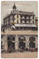 1915 Nagyvárad, Oradea; Emke kávéház, terasz vendégekkel és pincérekkel, Adriai biztosító társulat. Sipos József kiadása / café, terrace with guests and waiters, insurance company (fa)