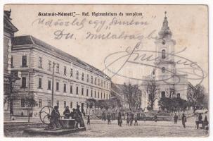 Szatmárnémeti, Szatmár, Satu Mare; Református főgimnázium és templom. Boros Adolf kiadása / Calvinist grammar school and church (fl)