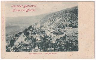 1899 (Vorläufer) Báziás, Falu templommal, vasútállomás, vonat. Babcsányi kiadása / general view with church, railway station, train (fl)