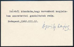 1962 Áprily Lajos (1887-1967) költő,műfordító autográf aláírása verses, gépelt névjegykártyáján