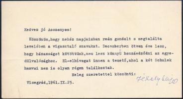 1961 Áprily Lajos (1887-1967) költő,műfordító autográf aláírása verses, gépelt névjegykártyáján Schulek Alfrédnének Jékely Lajos aláírással, melyben felesége halála miatti részvétnyilvánítást köszöni meg.