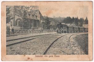 Brassó, Kronstadt, Brasov; Noa nyaraló városi-elővárosi vasútállomás gőzmozdonnyal / Gara din Noua / Bahnhof / railway station with locomotive, train (szakadás / tear)