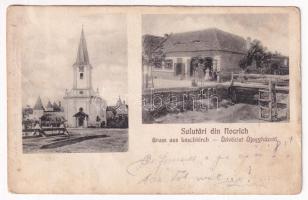 Újegyház, Leschkirch, Nocrich; Evangélikus templom, D. J. Bernhardt üzlete és saját kiadása / Lutheran church, publishers shop (fa)