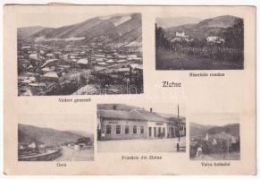 1925 Zalatna, Zlatna; Vedere generala, Bisericile romane, Gara, Primaria, Valea bulzului / látkép télen, vasútállomás, Román templomok, Városháza, völgy. Traian Baicu kiadása / general view in winter, railway station, Romanian churches, town hall, valley (EK)