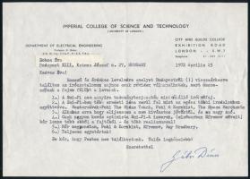 Gábor Dénes (1900-1979) Nobel-díjas magyar fizikus, gépészmérnök autográf aláírásssal ellátott gépelt levele, melyben a Sci-fi irodalommal kapcsolatosan értekezik Dobos Éva (1944-2016) költőnek válaszul. Mellékelve Dobos Éva eredeti levelének 3 oldalas gépirata. Érdekes levél! borítékkal / autograph signed letter of Nobel Prize winner physicist Dennis Gabor regarding sci-fi literature