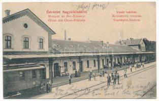 1906 Nagykikinda, Kikinda; vasútállomás, vonat / railway station, train (ázott / wet damage)