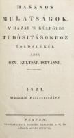 Hasznos Mulatságok. A' Hazai 's Külföldi Tudósításokhoz Toldalékúl adja Özv. Kultsár Istvánné. 1831. Második félesztendőre. Pesten, 1831., Petrózai Trattner J. M. és Károlyi István, 416+8 p. Korabeli kartonált papírkötés, néhány ceruzás aláhúzással, egyébkén jó állapotban.