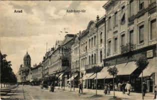 1906 Arad, Andrássy tér, Kilényi, Weinberger János, Singer Sándor, Guttmann és Berger és Grallert J. és fia üzlete, Lengyel Lőrinc bútorraktára, Hajós Árpád gyógyszertára, Fogorvosi és fogtechnikai rendelőintézet, Dr. G. Graur Victor fogorvos / square, shops, pharmacy, dentistry (EK)